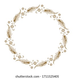 Vector round frame with boho style feathers and beads decoration