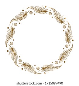 Vector round frame with boho style feathers and beads decoration