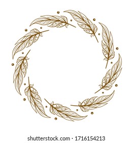 Vector round frame with boho style feathers and beads decoration