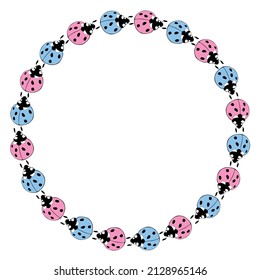 Vector round frame, border from cute blue pink ladybugs in doodle flat style. Simple background, decoration for spring, summer, natural, kids design