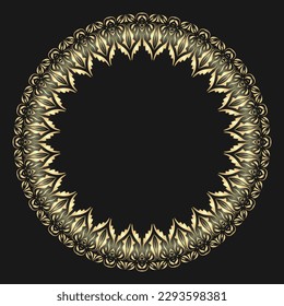 Vector round frame. Border element. Golden openwork frame on black background.