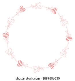 Vector round frame, border from lollipop, gingerbread on stick in shape of heart with bow. Background, decoration for greeting card, invitation, candy shop, valentines day