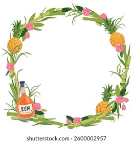 Vector round frame with bottle of rum, pineapple and flowers. Template with place for text for tropical vacation. Illustration for beach bar menu. Cruise vacation, summer holidays, party, cafe.