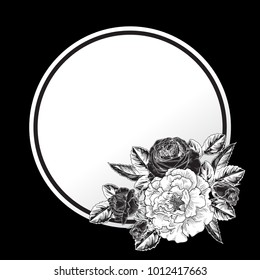 Vector round frame with a bouquet of roses. Vintage monochrome composition in sketch style.