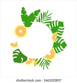 Vector round frame with bright colorful citrus fruits on a white background