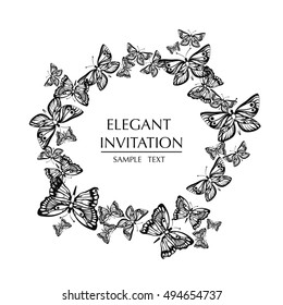 Vector round frame with butterflies. Black and white illustration.