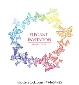 Vector round frame with butterflies. Decorative circle with butterflies and text.