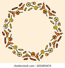 Vector round frame of candies and lollipops with bats for Halloween in the shape of a circle. round template of orange and yellow Halloween candies with an empty space inside for text on an orange 