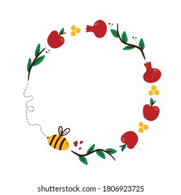 Vector round frame, card template with apple, pomegranate and honey bee for Rosh Hashanah holiday, Jewish New Year.