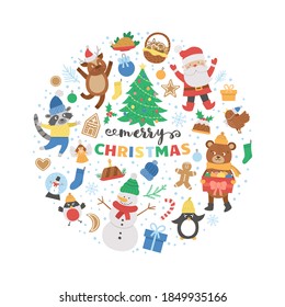 Vector round frame with Christmas elements. Traditional Ney Year party clipart. Funny design for banners, posters, invitations. Cute winter holiday card template in circle shape.
