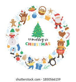 Vector round frame with Christmas elements. Traditional Ney Year party clipart. Funny design for banners, posters, invitations. Cute winter holiday card template in circle shape.
