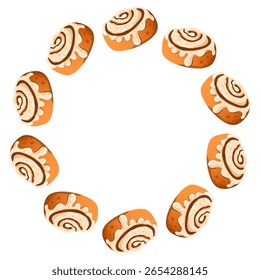 Vector round frame of cinnamon buns, mugs with hot drink, cinnamon, wreath. Illustration isolated on white background.