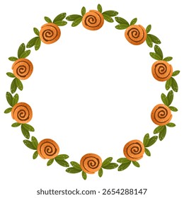 Vector round frame of cinnamon buns, mugs with hot drink, cinnamon, wreath. Illustration isolated on white background.