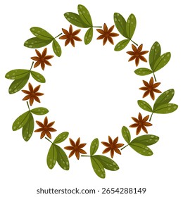Vector round frame of cinnamon buns, mugs with hot drink, cinnamon, wreath. Illustration isolated on white background.