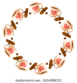 Vector round frame of cinnamon buns, mugs with hot drink, cinnamon, wreath. Illustration isolated on white background.
