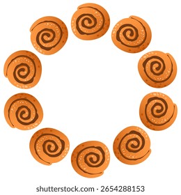 Vector round frame of cinnamon buns, mugs with hot drink, cinnamon, wreath. Illustration isolated on white background.