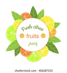 Vector round frame with citrus. Banner with stylized citrus fruits and leaves. Grapefruit, lime, lemon and orange. Citrus mix isolated on white background