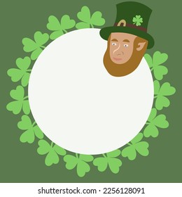 Vector of round frame with clovers leaves and Leprechaun head for St. Patrik`   s day