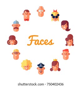 Vector round frame with color people icon. Male and Female characters. Cartoon style,  flat vector illustration for design.