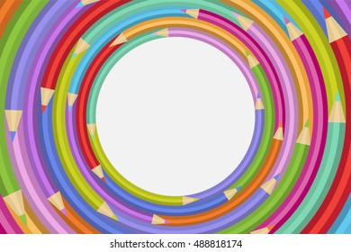 Vector round frame with colored pencils. Background color circle of colored pencils.