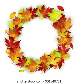 Vector round frame with colorful autumn leaves, banner, card template