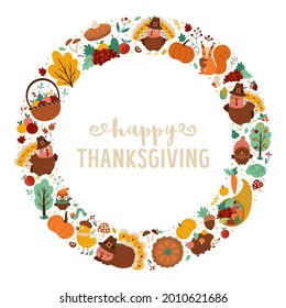 Vector round frame with comic turkey, forest animals, Thanksgiving elements, pumpkins, harvest. Autumn wreath or card template design for banners, posters, invitations. Cute fall illustration
