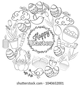 Vector round frame composition of Easter cartoon doodle objects, symbols and items.  Perfect for coloring books, cards, prints, flyers, banners, invitations.