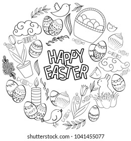 Vector round frame composition of Easter cartoon doodle objects, symbols and items.  Perfect for coloring books, cards, prints, flyers, banners, invitations.