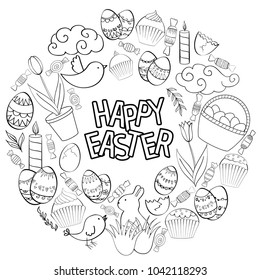 Vector round frame composition of Easter cartoon doodle objects, symbols and items.  Perfect for coloring books, cards, prints, flyers, banners, invitations.