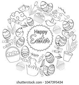 Vector round frame composition of Easter cartoon doodle objects, symbols and items.  Perfect for coloring books, cards, prints, flyers, banners, invitations.