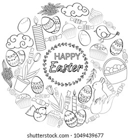 Vector round frame composition of Easter cartoon doodle objects, symbols and items.  Perfect for coloring books, cards, prints, flyers, banners, invitations.