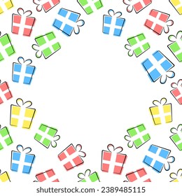 Vector round frame with copy space. Hand drawn doodle gift boxes on white background. 