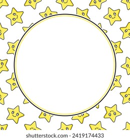 Vector round frame with copy space. Yellow kawaii stars with smiling faces and black outline.