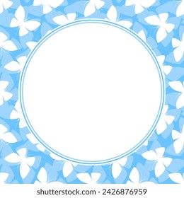 Vector round frame with copy space. White butterflies on blue background.