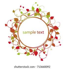 Vector. Round  frame with curls and green leaves isolated on white background