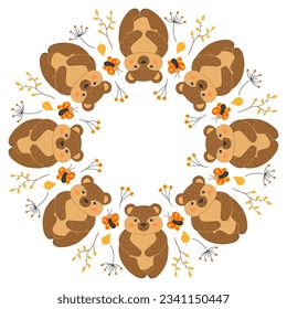 Vector round frame with cute bears, butterflies, twigs and leaves in cartoon style. Forest animals and plants. Autumn in the forest. Space for text.