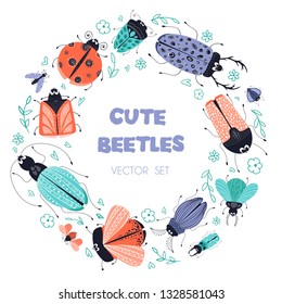 Vector round frame of cute cartoon bugs or beetles. Isolated elements on a white background. Round composition. Scandinavian style, flat. Design of cards, prints, posters. Childrens illustration.
