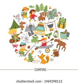 Vector round frame with cute comic forest animals, elements and children doing summer camp activities. Card template design with kids on holidays for banners, posters, invitations. 

