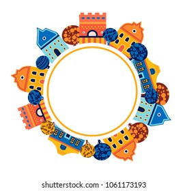 Vector round frame with cute houses