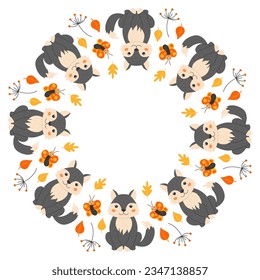 Vector round frame with cute wolves, butterflies, twigs and leaves in cartoon style. Forest animals and plants. Autumn in the forest. Space for text.