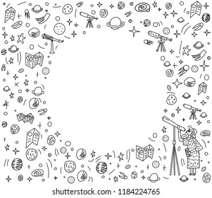 Vector round frame design of astronomer and astronomic objects.