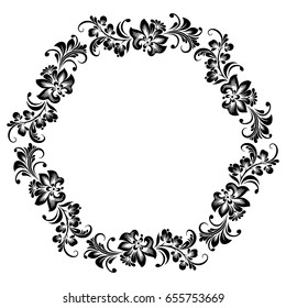 Vector round frame for design with stylized floral ornament, black and white decoration in folk style with decorative flowers