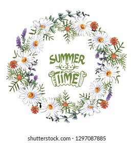Vector round frame, detailed wreath of garden and wild flowers isolated on white. Letter logo with two bunnies and accordion in the center.
Great for greeting cards, business cards, posters, websites.