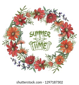 Vector round frame, detailed wreath of garden and wild flowers isolated on white. Letter logo with two bunnies and accordion in the center.
Great for greeting cards, business cards, posters, banners.