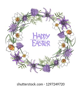 Vector round frame, detailed wreath of  flowers isolated on white. White and yellow daffodils, purple allium and oyster plant (vegetable oyster, tragopogon). Light purple lettering Happy Easter.