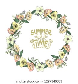 Vector round frame, detailed wreath of garden and wild flowers isolated on white. Letter logo with two bunnies and accordion in the center.
Great for greeting cards, business cards, posters, banners.
