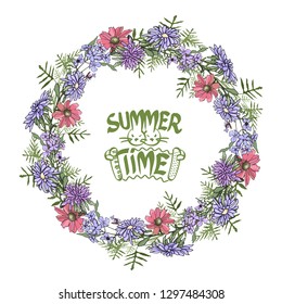 Vector round frame, detailed wreath of garden and wild flowers isolated on white. Letter logo with two bunnies and accordion in the center.
Great for greeting cards, business cards, posters, banners.