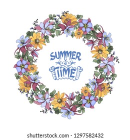 Vector round frame, detailed wreath of garden and wild flowers isolated on white. Letter logo with two bunnies and accordion in the center.
Great for greeting cards, business cards, posters, banners.