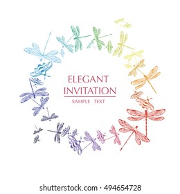 Vector round frame with dragonflies. Decorative circle with dragonflies and text.