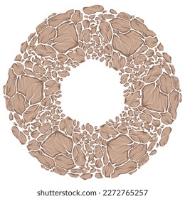 Vector round frame of dry clay stones and copy space. Earthquake danger. Circle clipart smashed earthy rocks with cracks and place for text for banner, card and invitation. Natural disaster.